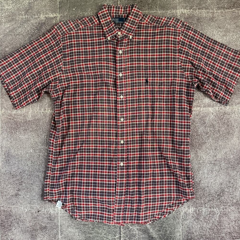 Mens Vintage 90s Polo Ralph Lauren Oxford Red Blue Plaid Short Sleeve Shirt Sz M